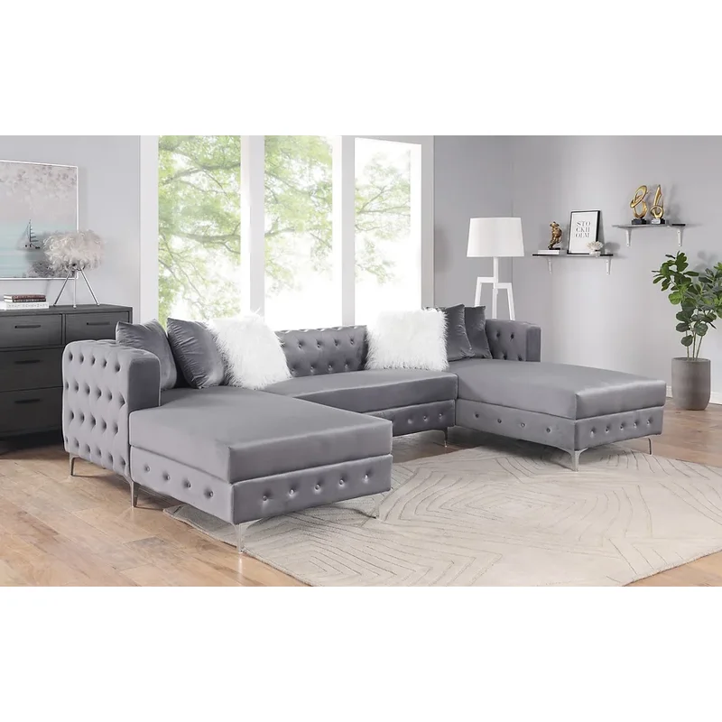 Chandra Oversize Glam Sectional in Plush Gray Velvet