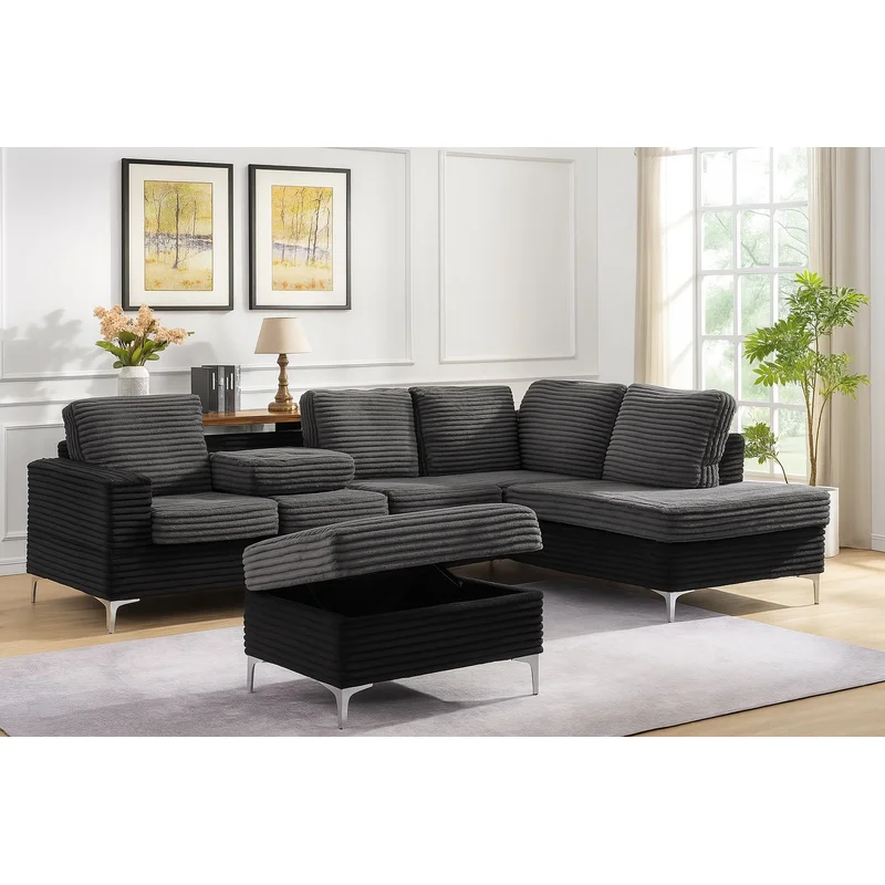 Dalton 2-Tone Black Corduroy Sectional Sofa with Ottoman & Drop-Down Table