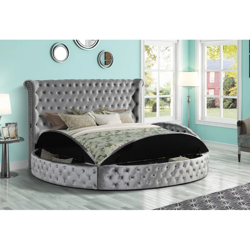 Savoy Round Velvet King Storage Platform Bed Gray