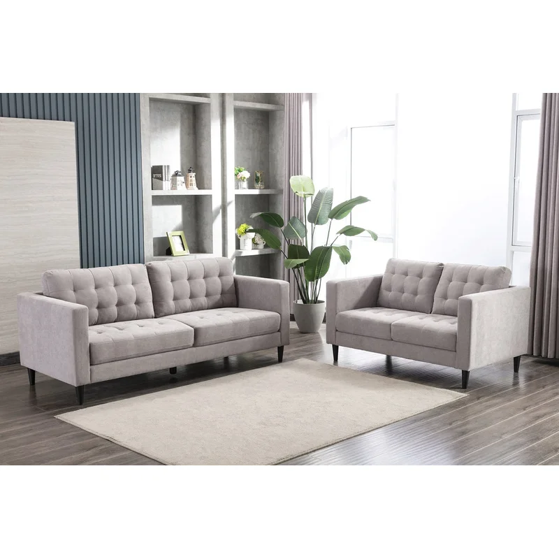 Shelton Modern Tufted Gray Sofa & Loveseat Set 2 Piece