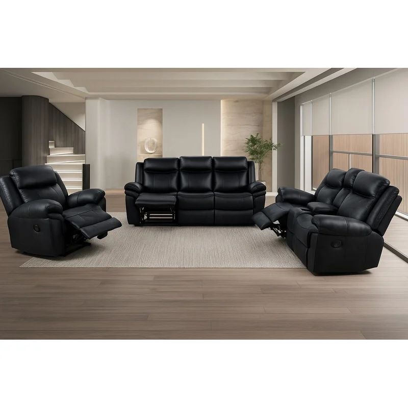 Agata 2-Piece Manual Reclining Living Room Set Black Leatherette
