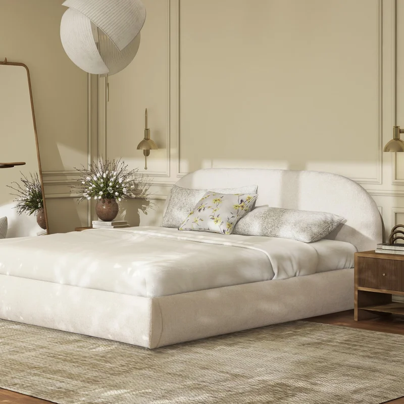 Archie Puffy Grounded Upholstered Platform Bed King Almond White