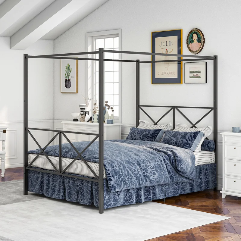 Astoria Black Metal Queen Canopy Platform Bed Frame Ornate European Design
