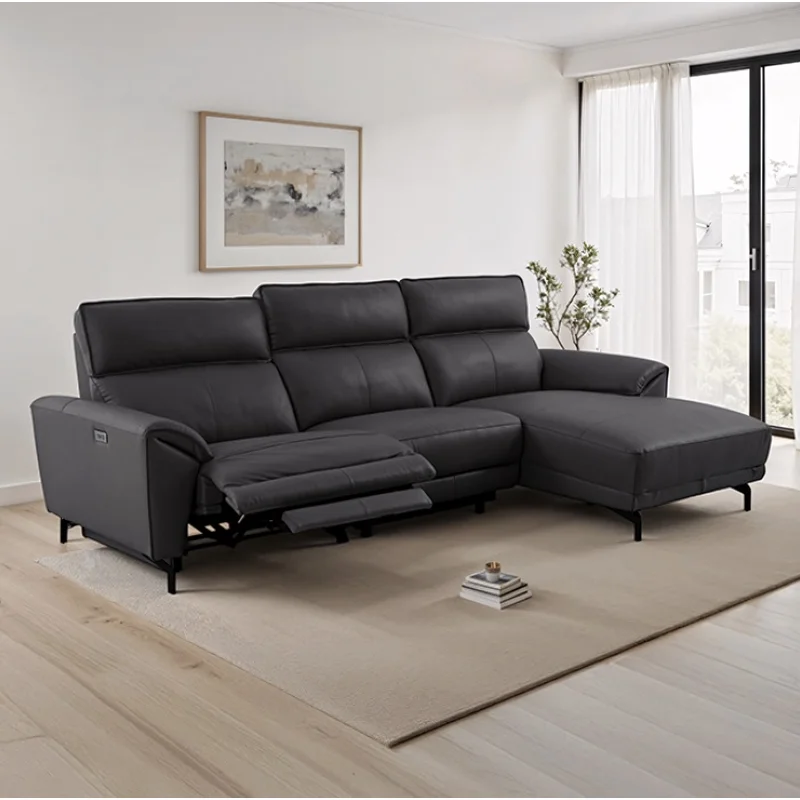 Theola Contemporary Black Top Grain Leather Power Sectional with Chaise