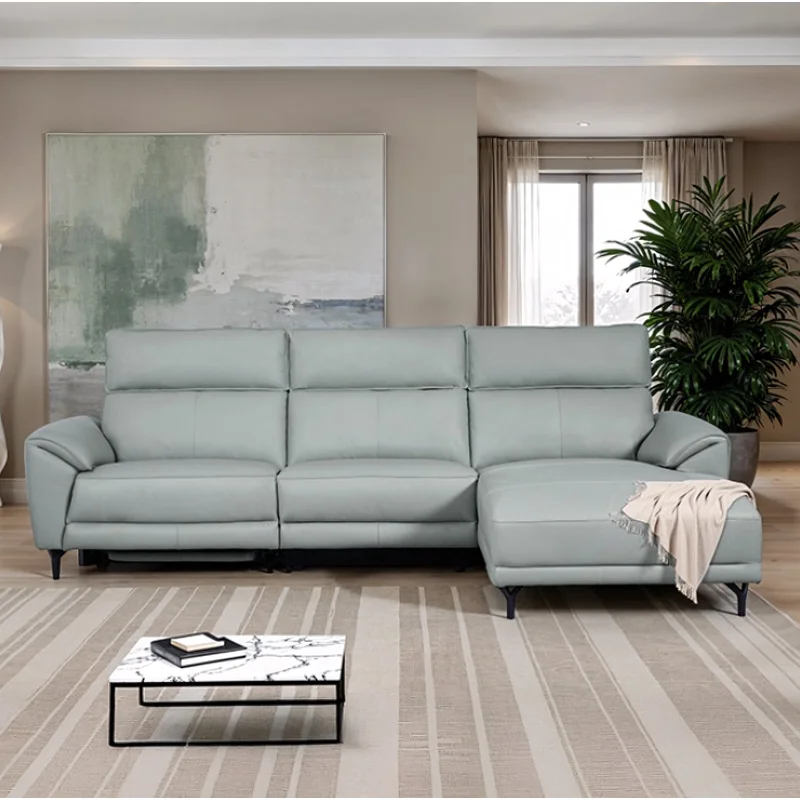 Theola Contemporary Pale Blue Top Grain Leather Power Sectional with Chaise