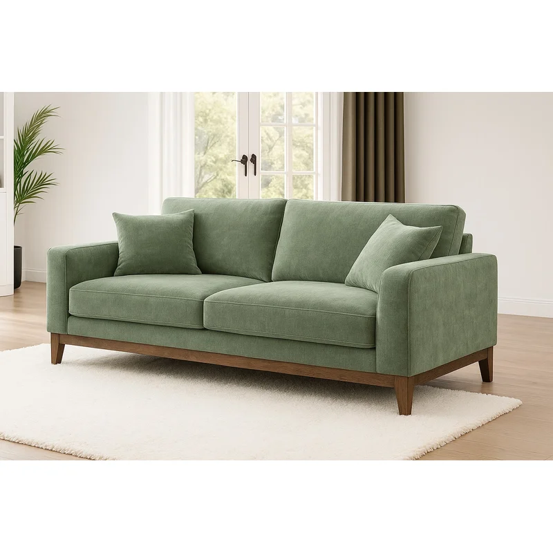 Watton Mid-Century Modern Olive Green Chenille Sofa with Walnut Wood Trim