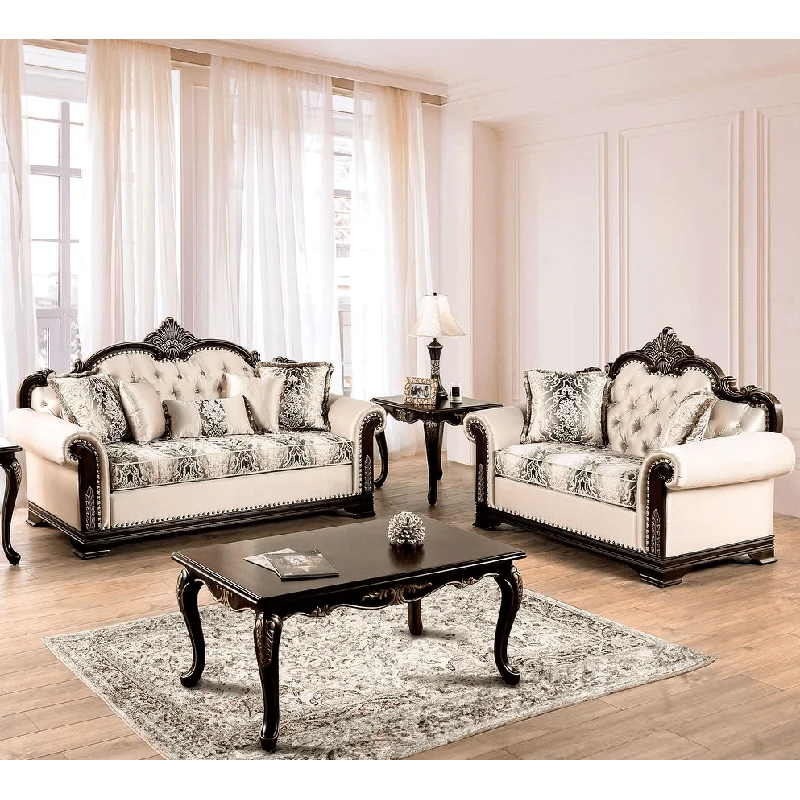 Yucatan Traditional Rolled Arm Sofa & Loveseat Set - Beige & Dark Cherry