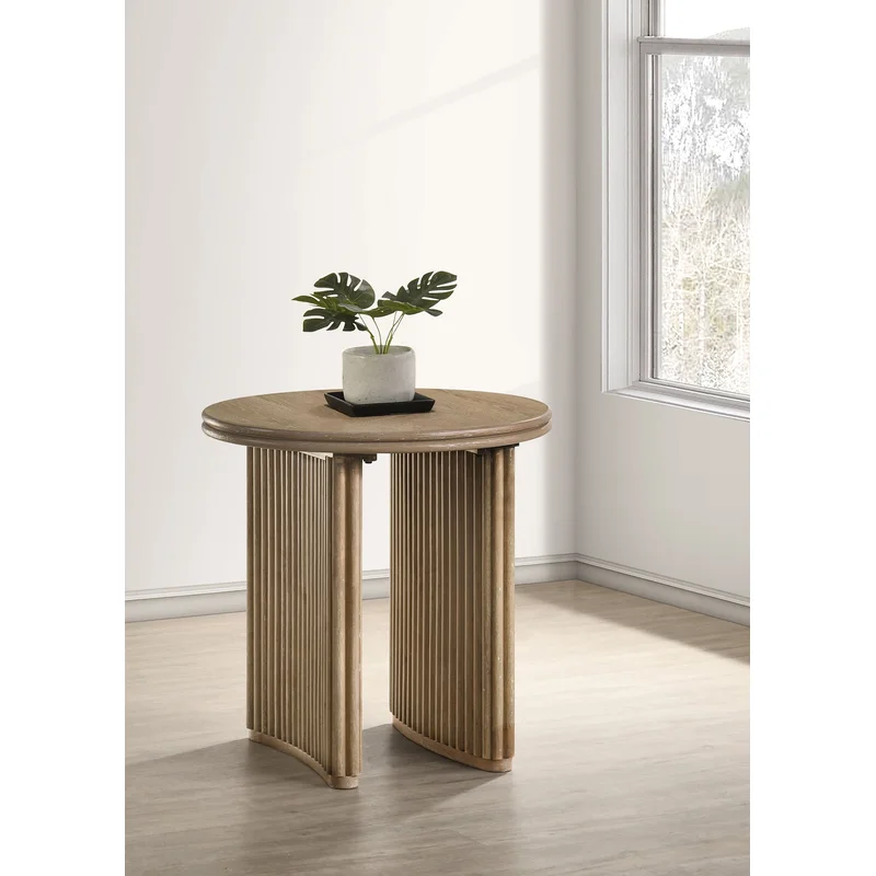 Adina Round End Table with Reeded Pedestal Base Distressed Light Brown