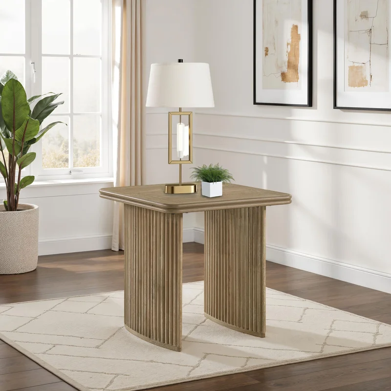 Adina Square End Table with Reeded Pedestal Base Distressed Light Brown