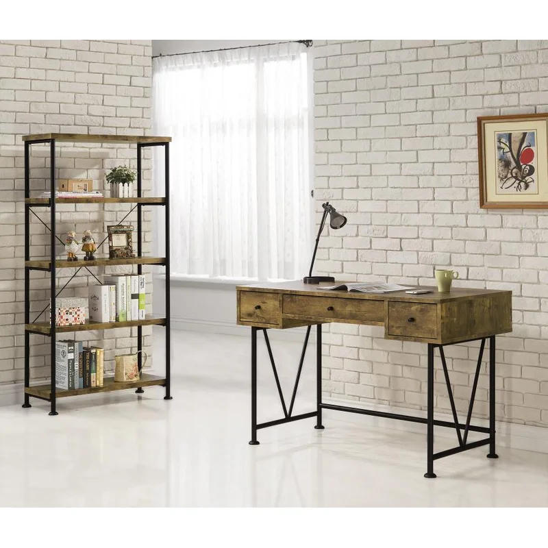 Analiese Farmhouse Writing Desk & Bookcase Set Rustic Nutmeg & Black