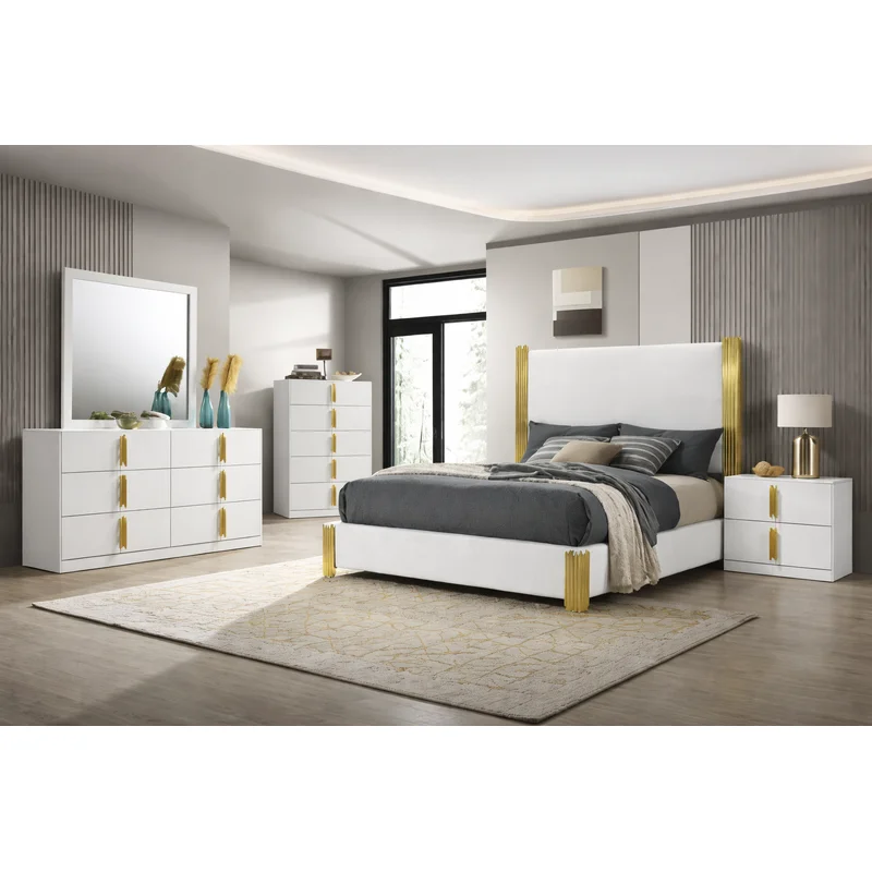 Basildon Contemporary Queen Upholstered Platform Bed with Gold Accents White