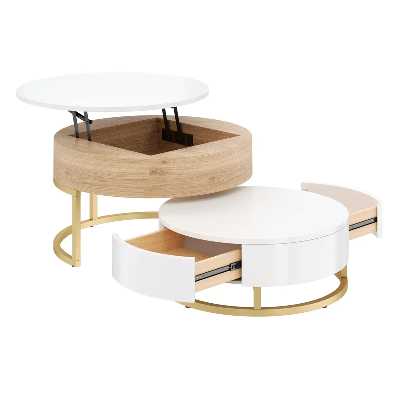 Modern Round Lift-top Nesting Coffee Tables with 2 Drawers in Oak Natural Wood & Antique White MDF with Gold Metal Base