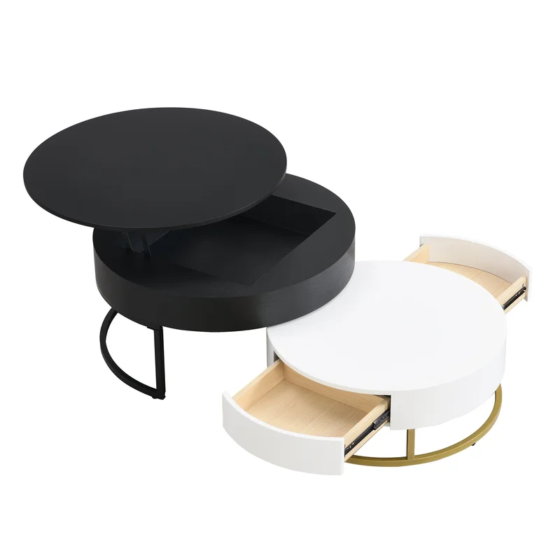 Modern Round Lift-top Nesting Coffee Tables with 2 Drawers White & Black MDF Metal Pedestal