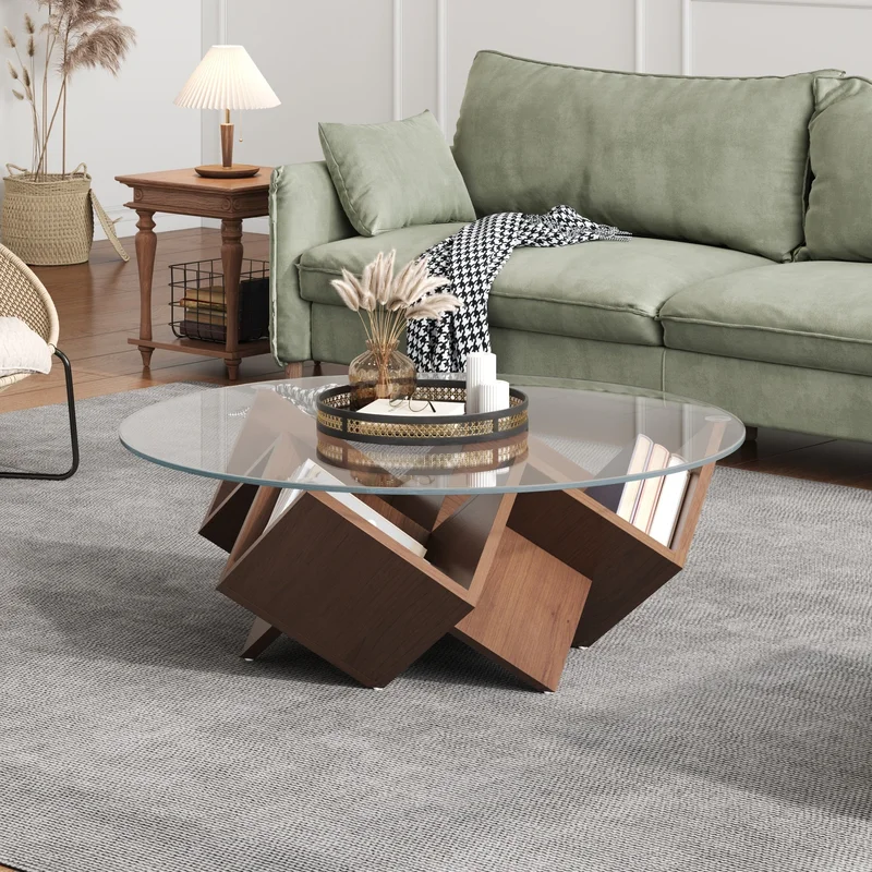 The Round Coffee Table with Glass Top and Geometric Abstract Art Deco Base Storage Shelves Walnut 35.4'