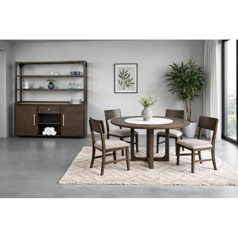 Vellara Transitional 5-Piece Round Dining Set with Stone Top Dark Walnut