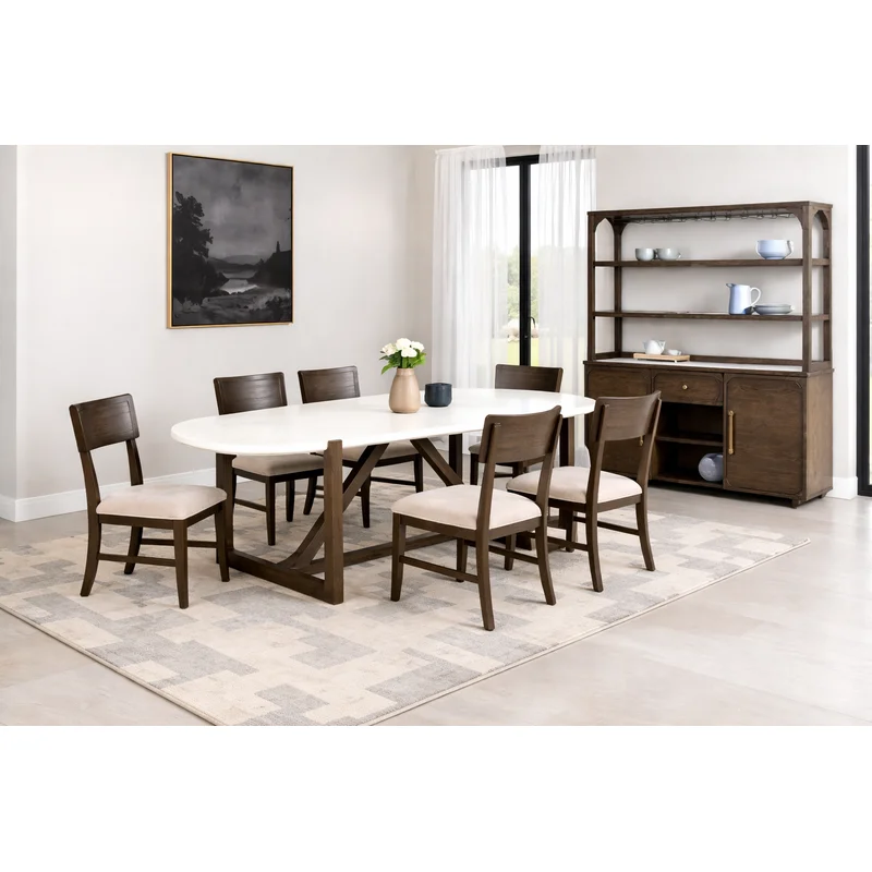Vellara Transitional 7-Piece Dining Set with Quartz Stone Top & Upholstered Chairs Dark Walnut
