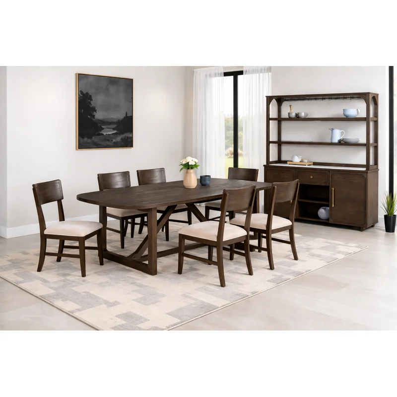 Vellara Transitional 7-Piece Dining Set with Wood Top & Upholstered Chairs Dark Walnut