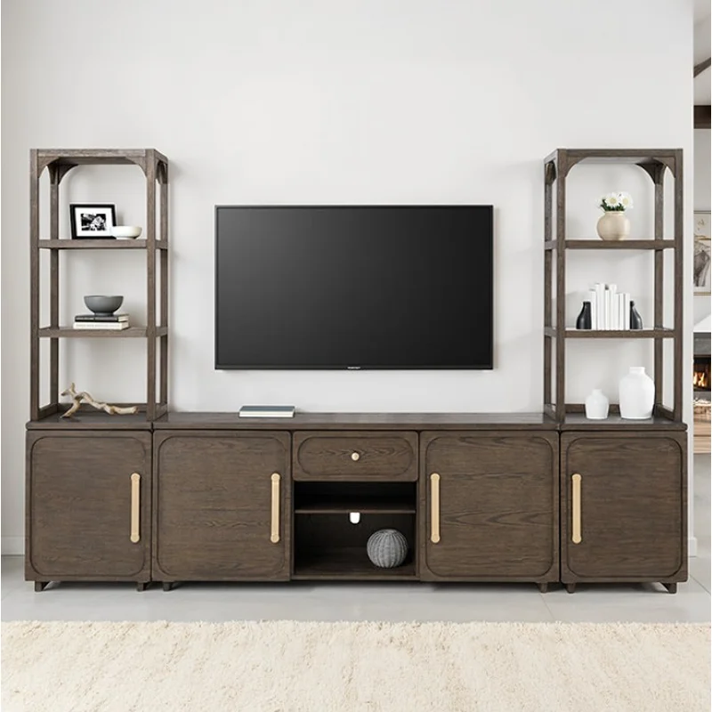 Vellara Transitional Entertainment Center with Stone Top & Gold Hardware Dark Walnut