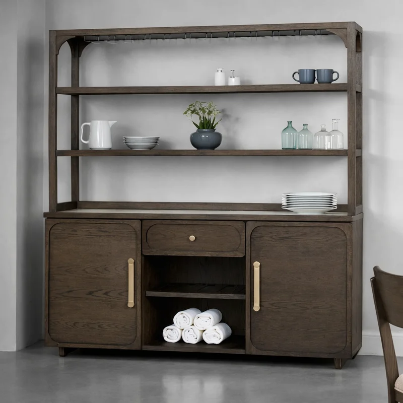 Vellara Transitional Hutch & Buffet with Stone Top & Gold Hardware Dark Walnut