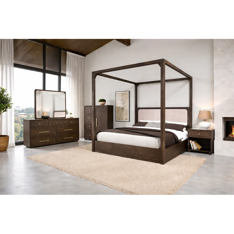Vellara Transitional Queen Canopy Bed with Upholstered Headboard Dark Walnut
