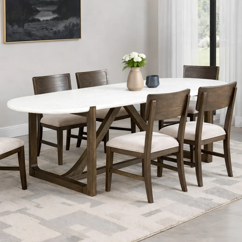 Vellara Transitional Rectangular Dining Table with Quartz Stone Top Dark Walnut