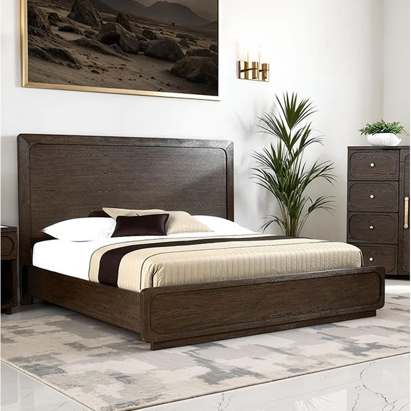 Vellara Transitional Wood Queen Panel Bed with LED Headboard Dark Walnut