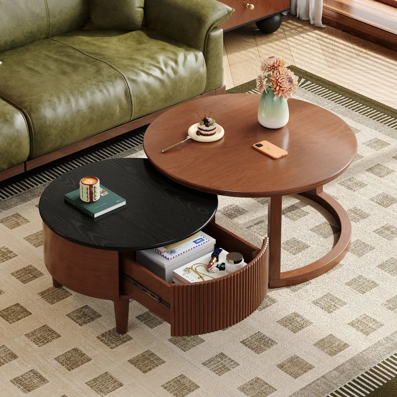 Vintage Round Nesting Coffee Table Fluted with Drawer in Black & Walnut in 31.5''