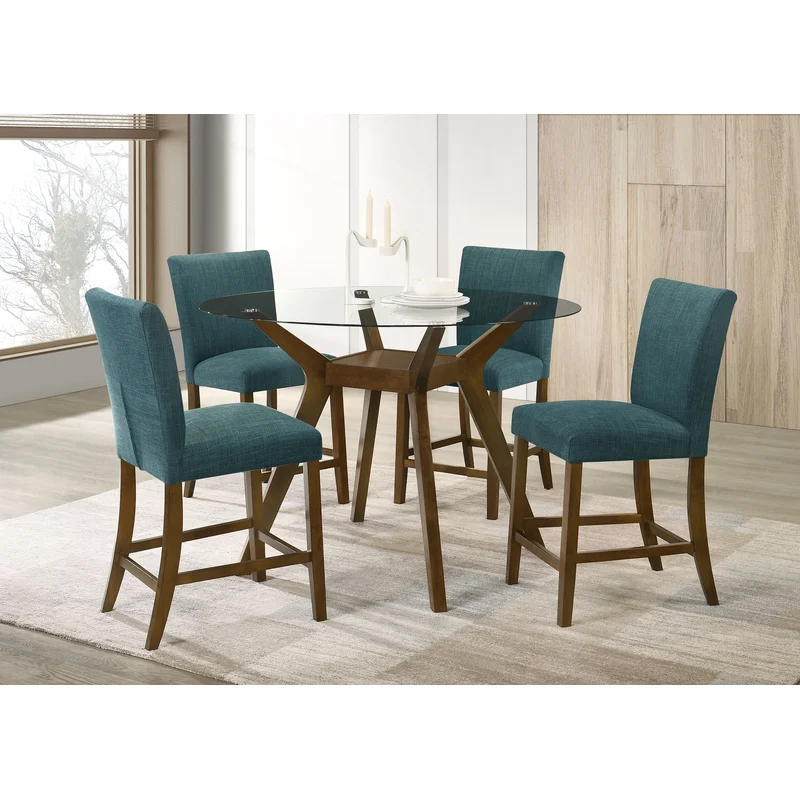 Paxton 5-piece Round Glass Top Counter Height Dining Set Teal Blue