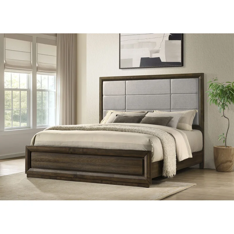 Atlas 63-inch Eastern King Upholstered Panel Bed Grey and Dark Oak LIGHT GREY