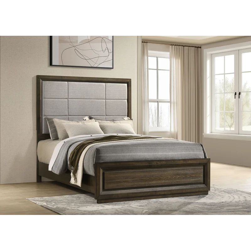 Atlas 63-inch Queen Upholstered Panel Bed Grey and Dark Oak LIGHT GREY