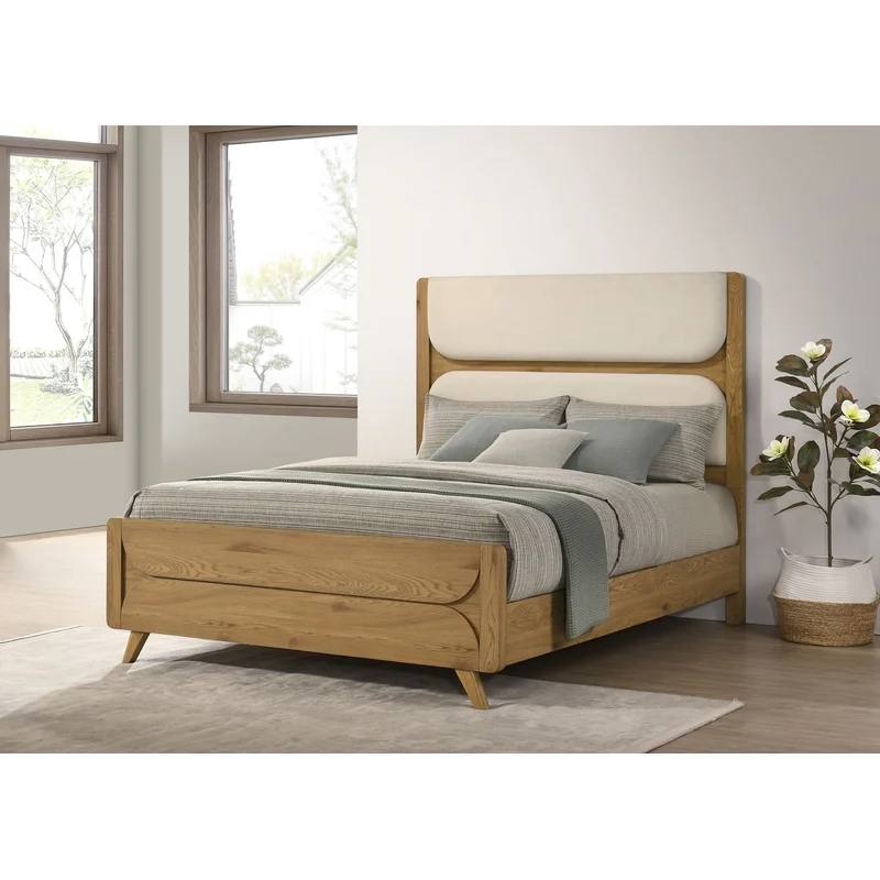 Bennett 62-inch Queen Upholstered Panel Bed Cream and Light Oak