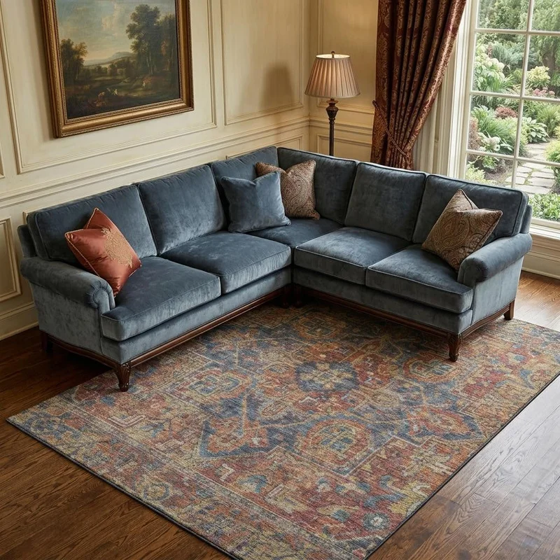 10 X 14 Red And Blue Medallion Distressed Washable Area Rug With UV Protection