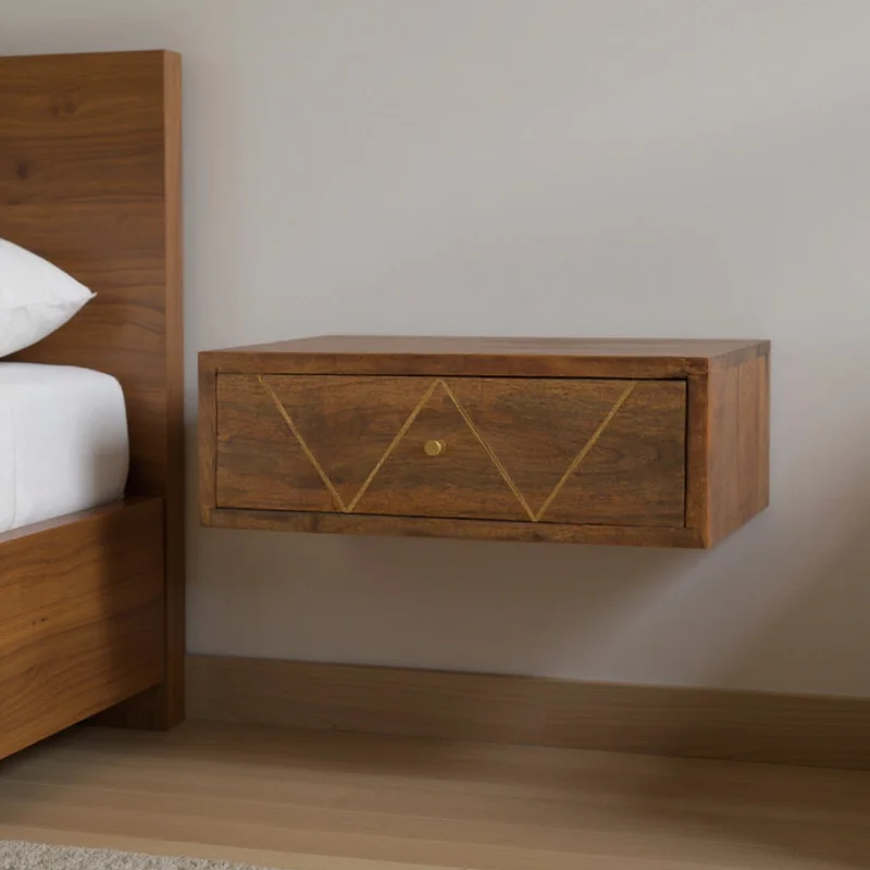 18 Brown Solid Wood Geometric Brass Inlay One Drawer Floating Nightstand