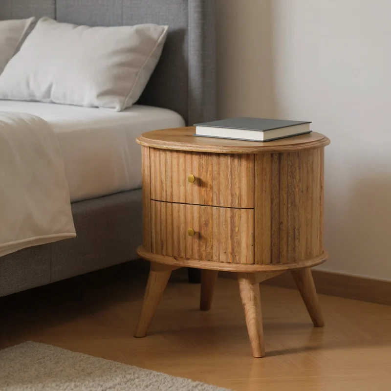 20 Natural Solid Wood Oval Ribbed Texture Two Drawer Nightstand