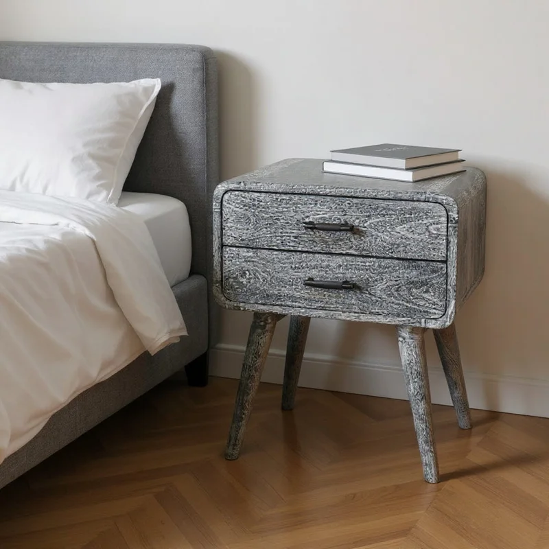 22 Gray Solid Wood Distressed Two Drawer Nightstand