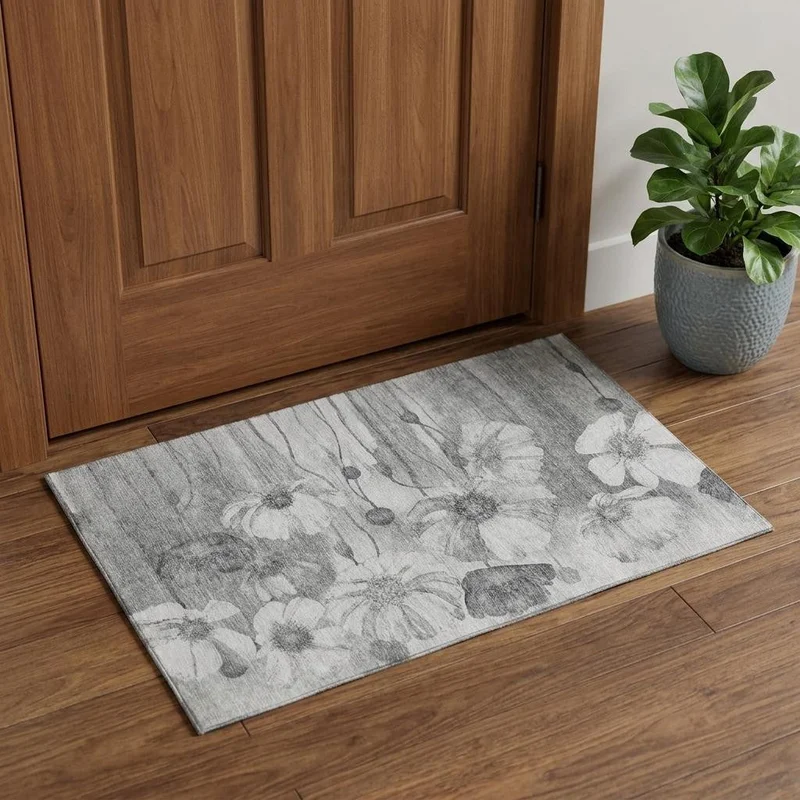 3 X 5 Gray And Silver Floral Washable Area Rug With UV Protection