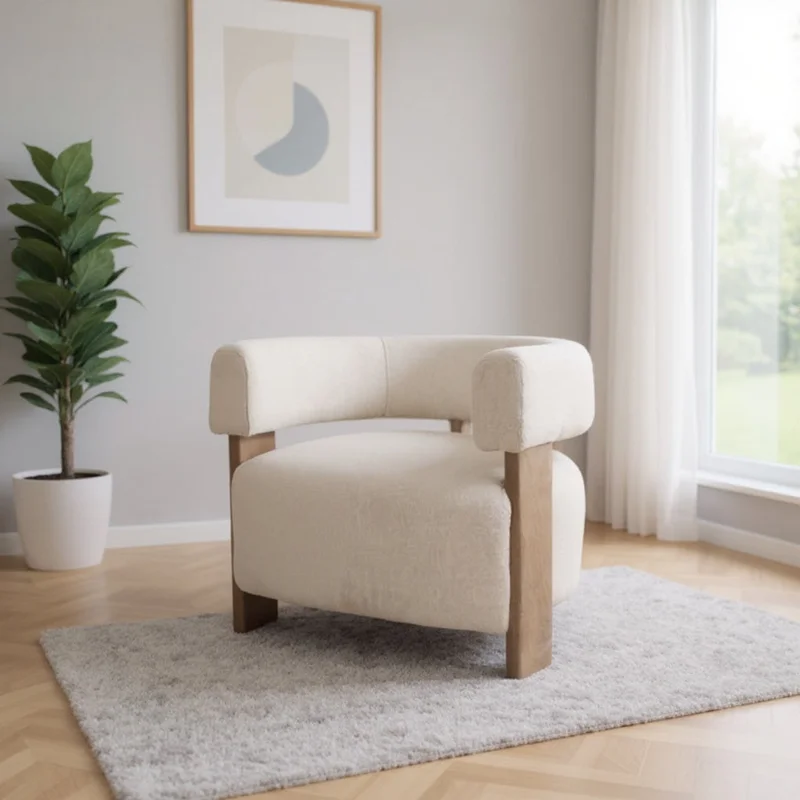 31 White and Brown Boucle and Solid Wood Arm Chair