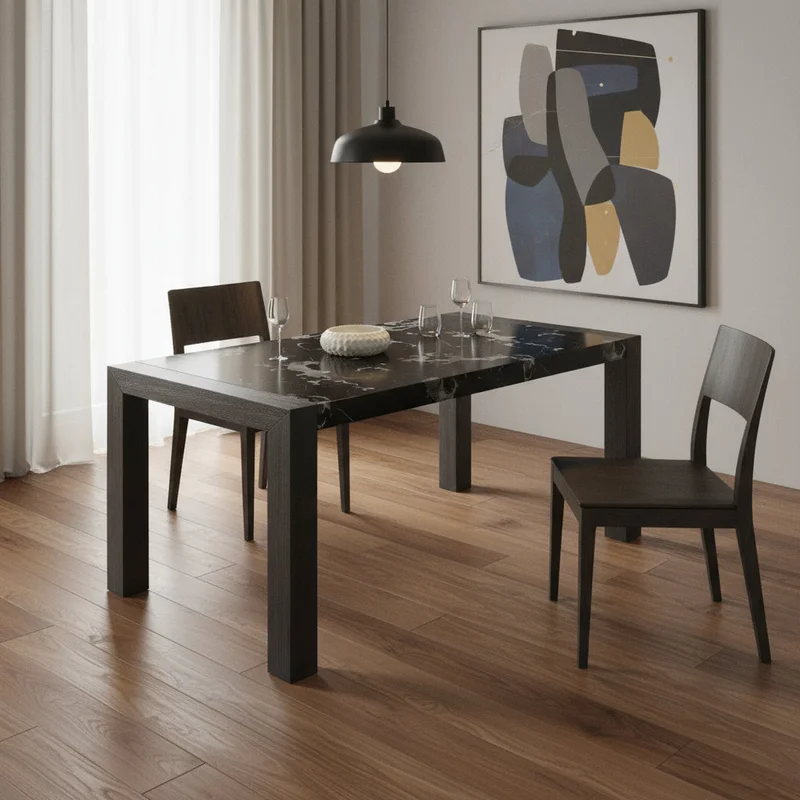 68 Black Faux Marble and Wood Dining Table