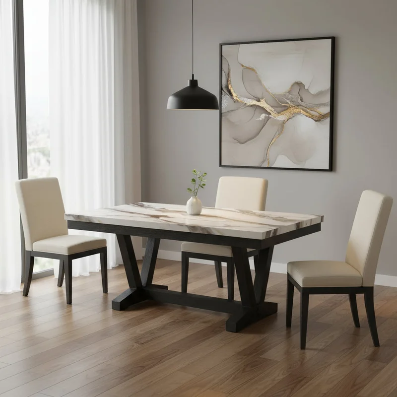 72 White and Black Faux Marble and Wood Trestle Base Dining Table