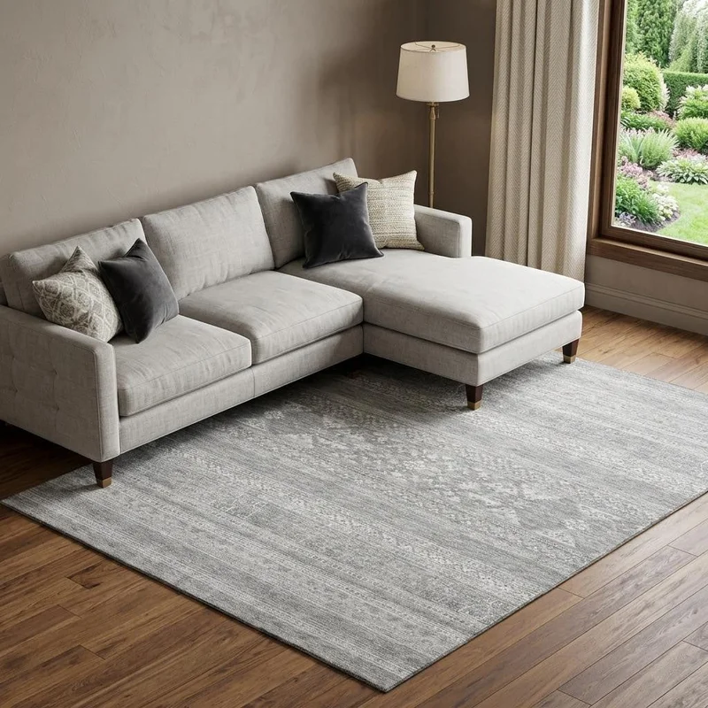10 X 14 Silver And Gray Southwestern Washable Area Rug With UV Protection