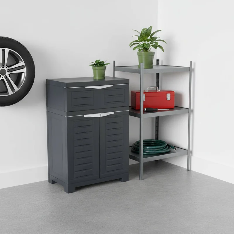 24 Charcoal Plastic Accent Cabinet With Two Doors And One Drawer