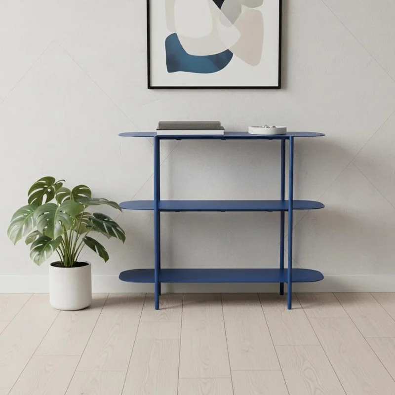 36 Blue Steel Oval Console Table With Two Shelves