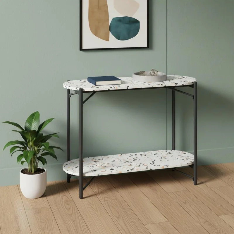 36 White and Black Faux Terrazzo and Steel Oval Console Table With Shelf