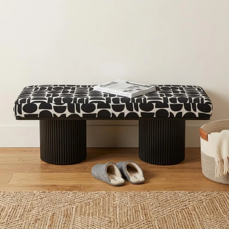 49 Black And White Geometric Fabric and Solid Wood Upholstered Bench