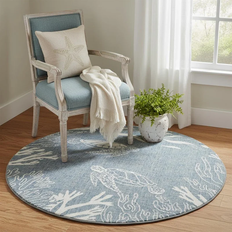 5 Blue And Off White Nautical Round Rug
