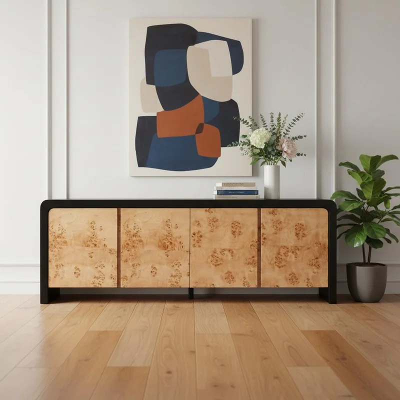 67 Black And Natural Solid Wood Sideboard with Four Doors