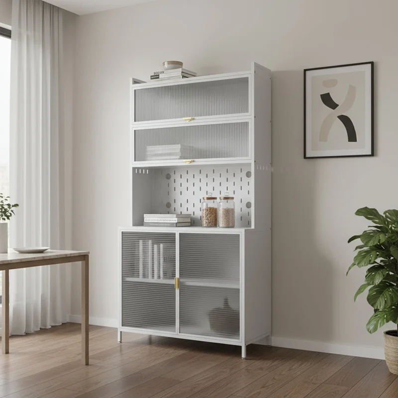 73 White Stainless Steel Textured Door Dining Hutch With Two Doors