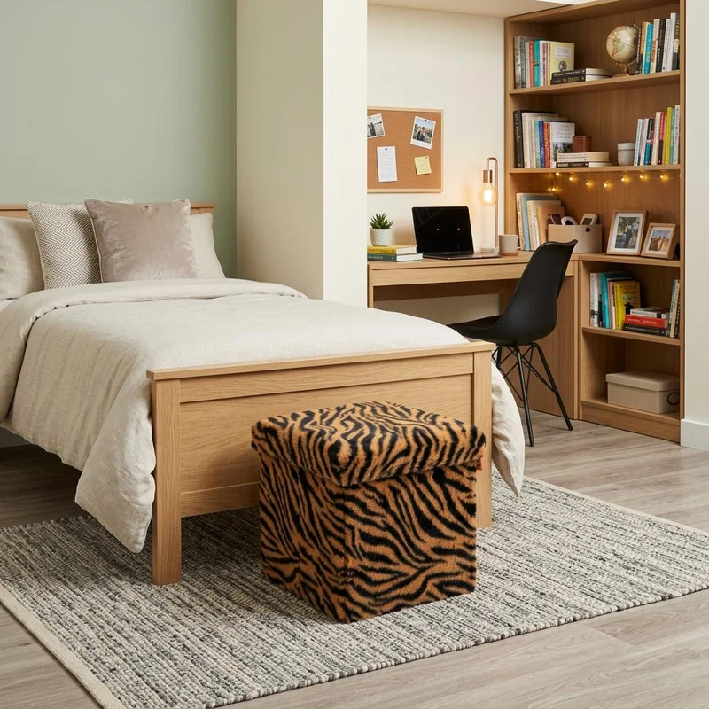 12 Black and Tan Faux Fur Tiger Storage Ottoman