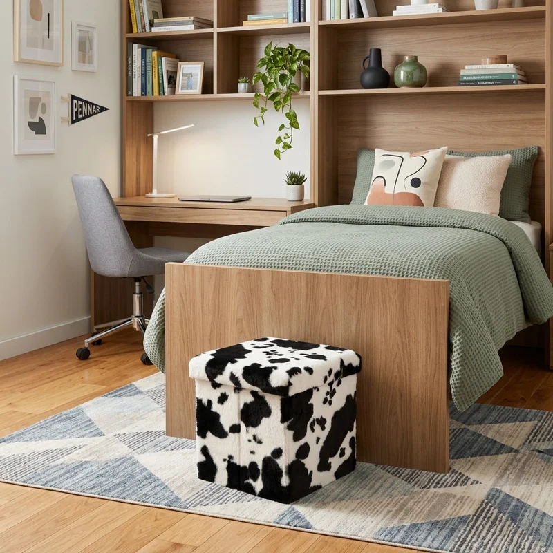 12 Black and White Faux Fur Cow Print Storage Ottoman