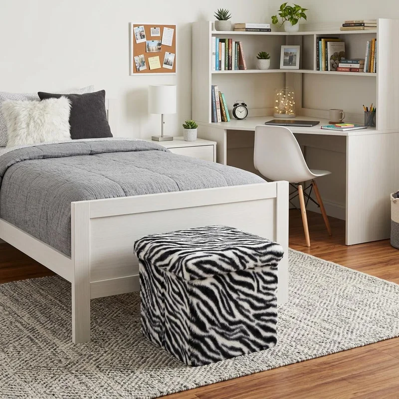12 Black and White Faux Fur Zebra Storage Ottoman